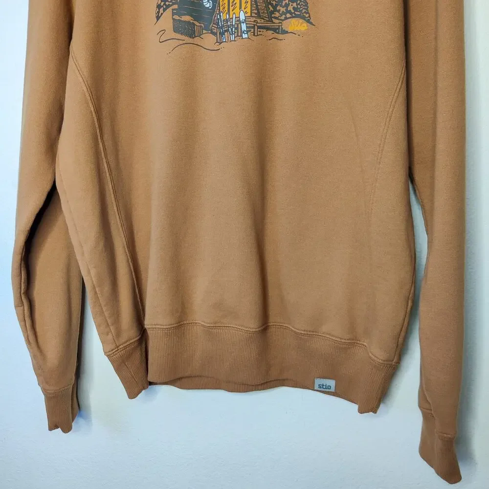 Stio Apres Ski Lodge Crewneck Organic Cotton Fleece Sweatshirt Tan Medium Unisex